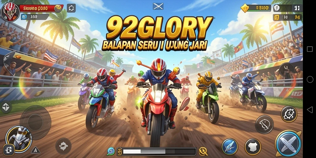 Tangkapan layar utama 92GLORY menampilkan aksi balapan yang mendebarkan.