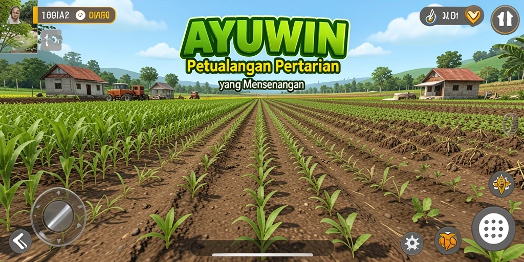 Tampilan gameplay AYUWIN dengan suasana pertanian yang indah.