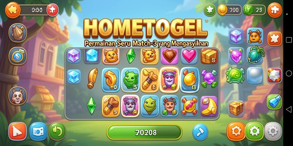 Tampilan gameplay HOMETOGEL dengan elemen match-3 yang ceria.