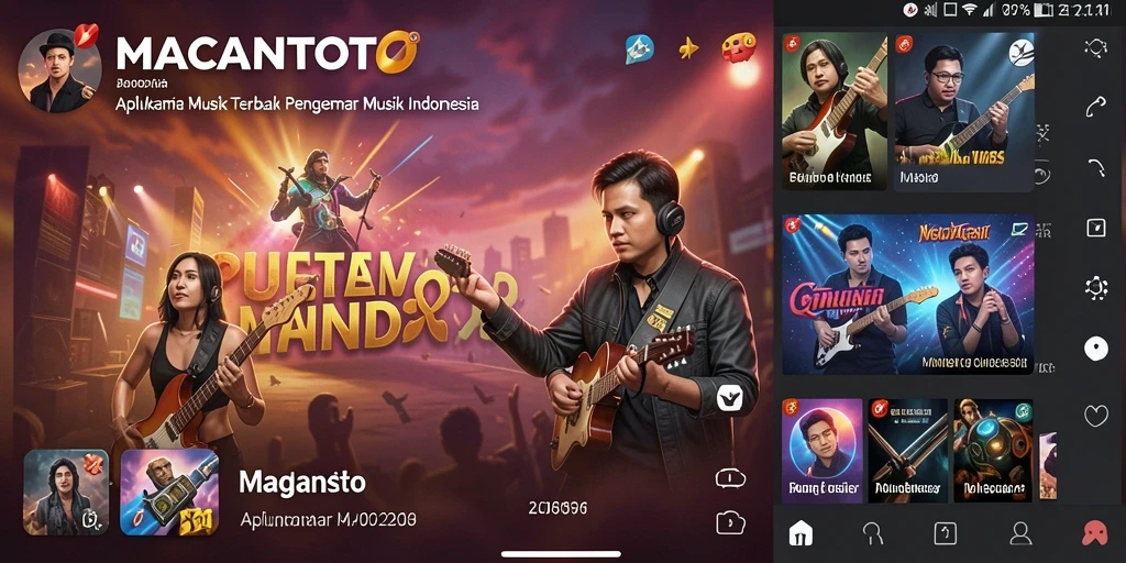 Tampilan screenshot utama MACANTOTO yang menampilkan pengguna menikmati musik.