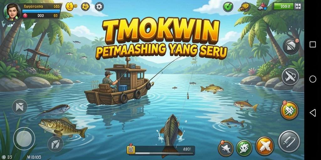 Gameplay seru TMOKWIN dengan memancing ikan di lokasi menarik.